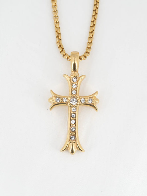 Wholesale Diamond Geometric Cross Pendant Necklace Made Of Titanium Steel And Pearl Chain For Unisex