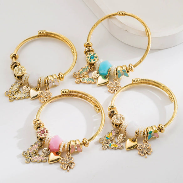 Wholesale Diamondencrusted Adjustable Bracelet With Butterfly Heart Fourleaf Clover Shape For Unisex Made Of Alloy