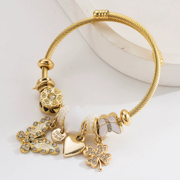 Wholesale Diamondencrusted Adjustable Bracelet With Butterfly Heart Fourleaf Clover Shape For Unisex Made Of Alloy