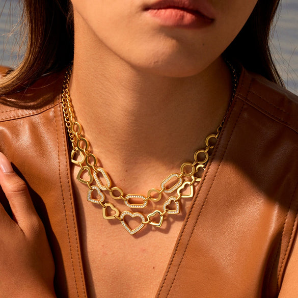 Wholesale Diamondencrusted Geometric Heartshaped 18K Gold Plated Stainless Steel Necklace For Women