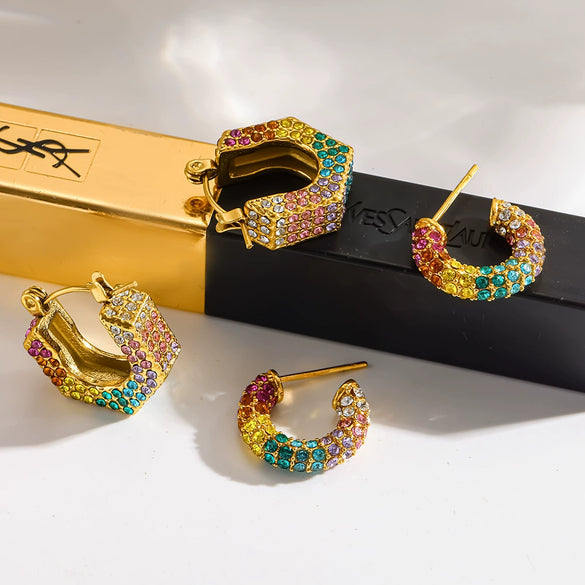 Wholesale Diamondstudded Geometric Stainless Steel 18K Goldplated Earrings For Women