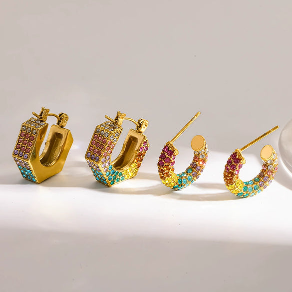 Wholesale Diamondstudded Geometric Stainless Steel 18K Goldplated Earrings For Women
