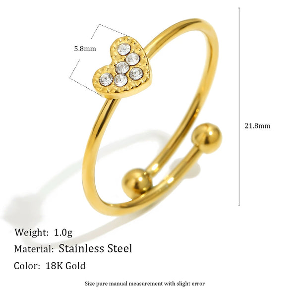 Wholesale Diamondstudded Small Heart Open Ring Jewelry For Women Stainless Steel 18K Plated Geometric Lines Style