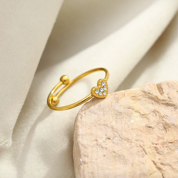 Wholesale Diamondstudded Small Heart Open Ring Jewelry For Women Stainless Steel 18K Plated Geometric Lines Style