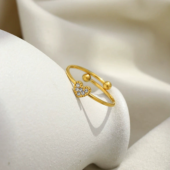 Wholesale Diamondstudded Small Heart Open Ring Jewelry For Women Stainless Steel 18K Plated Geometric Lines Style