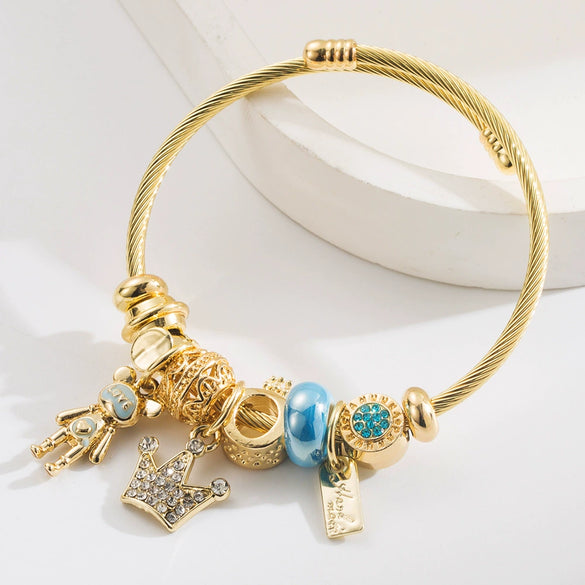 Wholesale Diy Adjustable Couple Stainless Steel And Alloy Bracelet With Crown And Bear Letter Pendant For Women