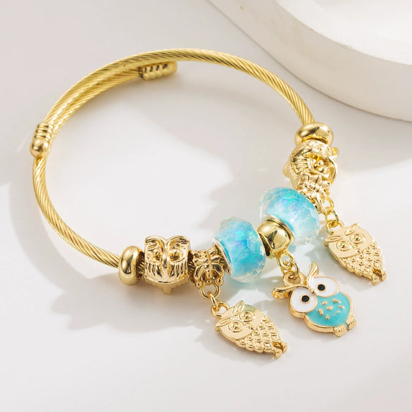 Wholesale Diy Adjustable Open Versatile Couple Alloy Bracelet With Butterfly And Diamond Owl Pendant Set With Diamonds For Women Fashion Geometric Style