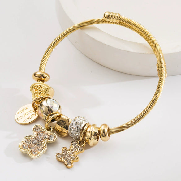 Wholesale Diy Adjustable Unisex Titanium Steel Bracelet With Bear Butterfly Swan Flower Diamond Animal Zodiac Pendants