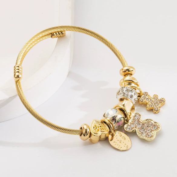 Wholesale Diy Adjustable Unisex Titanium Steel Bracelet With Bear Butterfly Swan Flower Diamond Animal Zodiac Pendants