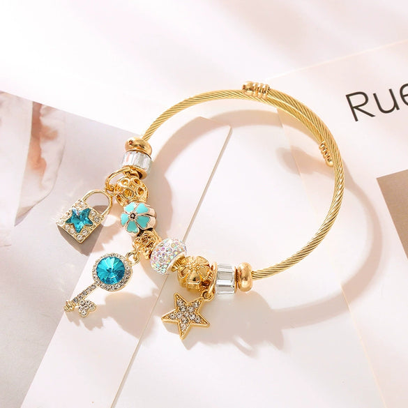 Wholesale Diy Beaded Adjustable Bracelet With Star Key Diamond Pendant For Women Fashion Alloy