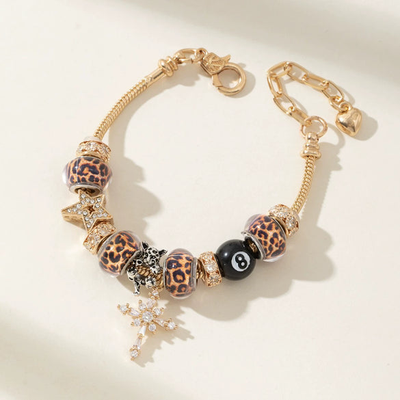 Wholesale Diy Beaded Bracelet Alloy Electroplated Cross Leopard Beads Unisex Jewelry