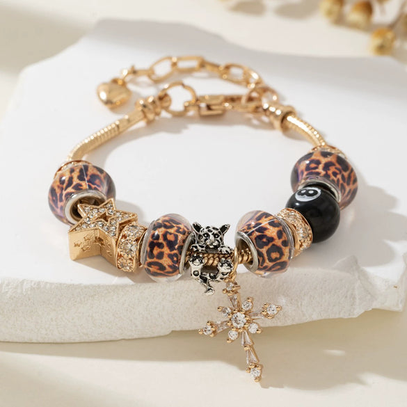 Wholesale Diy Beaded Bracelet Alloy Electroplated Cross Leopard Beads Unisex Jewelry