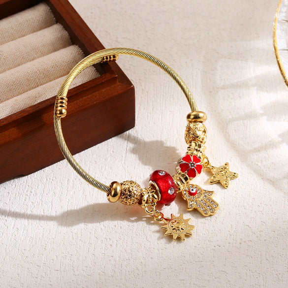 Wholesale Diy Beaded Bracelet With Palm Sun Pendant Stainless Steel Alloy Rhinestone Diamond Design Women's Adjustable Couple Bracelet