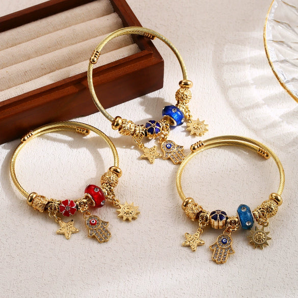 Wholesale Diy Beaded Bracelet With Palm Sun Pendant Stainless Steel Alloy Rhinestone Diamond Design Women's Adjustable Couple Bracelet