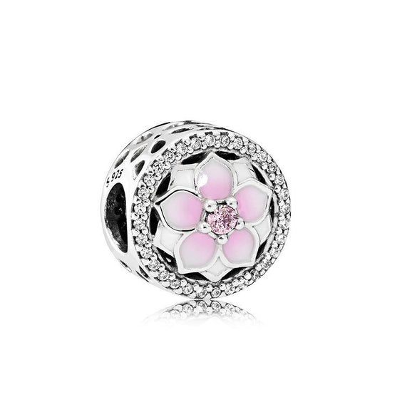 Wholesale Diy Beads 925 Silver Magnolia Love Full Diamond Fixed Hanging Beads With Totem Pattern Inlay
