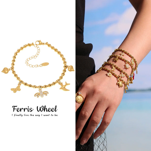 Wholesale Diy Ferris Wheel Zircon Oil Drop Geometric Stainless Steel Electroplated Bracelet And Anklet Set For Women