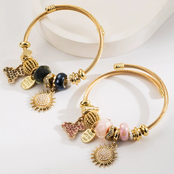 Wholesale Diy Geometric Diamond Titanium Steel Beaded Bracelet With Bear And Sun Pendants Unisex Fashion Adjustable