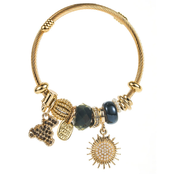 Wholesale Diy Geometric Diamond Titanium Steel Beaded Bracelet With Bear And Sun Pendants Unisex Fashion Adjustable