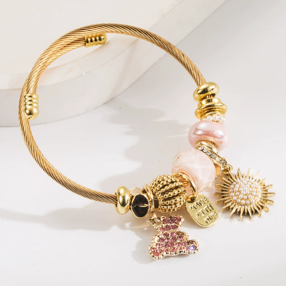 Wholesale Diy Geometric Diamond Titanium Steel Beaded Bracelet With Bear And Sun Pendants Unisex Fashion Adjustable