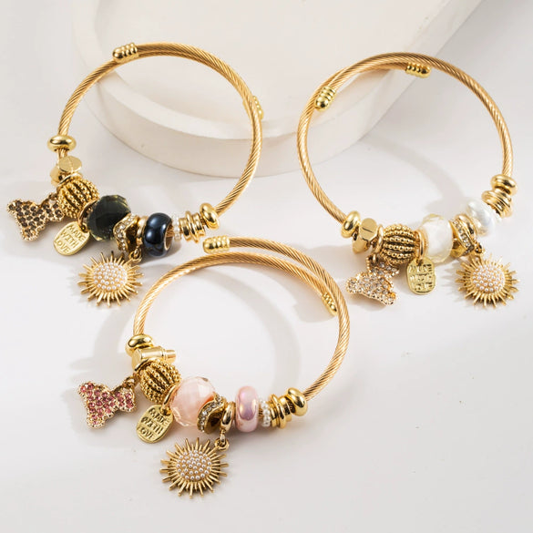 Wholesale Diy Geometric Diamond Titanium Steel Beaded Bracelet With Bear And Sun Pendants Unisex Fashion Adjustable