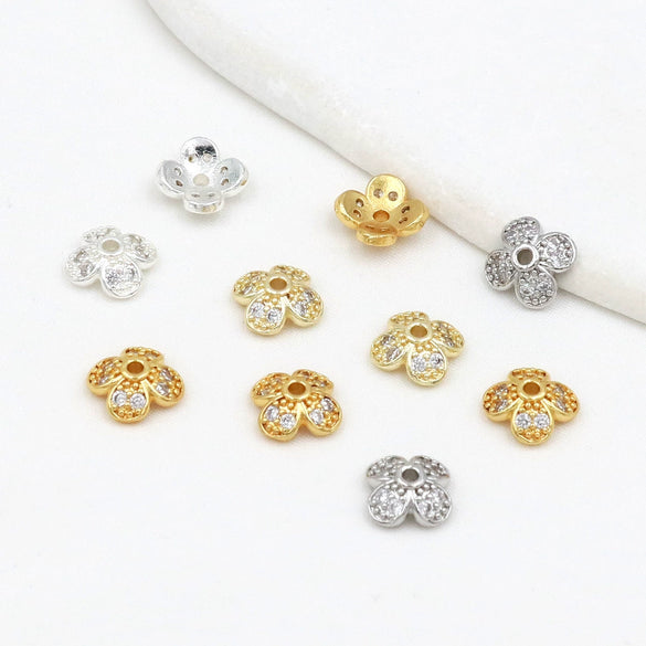 Wholesale Diy Handmade Beads Copper 14K Gold Plated Colorpreserving Microinlaid Zircon Flower Tray Flower Cap Cut Out Petal Spacer Beads Versatile Minimalist