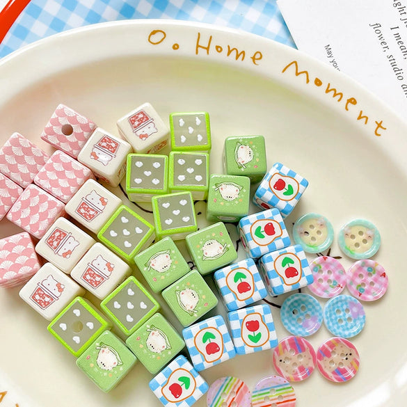 Wholesale Diy Material Plaid Square Tulip Shaped Acrylic Plastic Resin Bead With Printing For Dog Kitty Cat