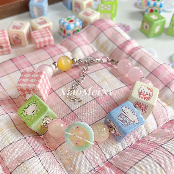 Wholesale Diy Material Plaid Square Tulip Shaped Acrylic Plastic Resin Bead With Printing For Dog Kitty Cat