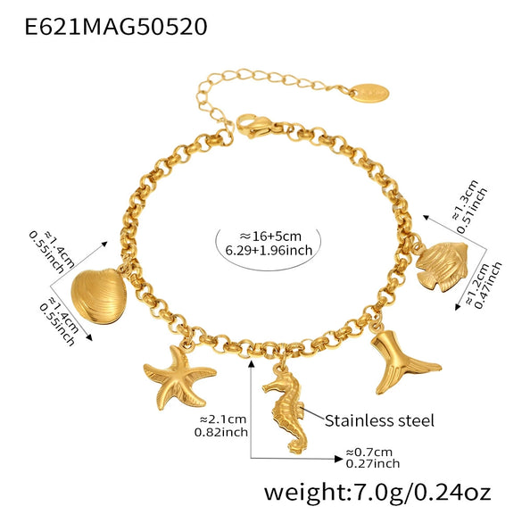 Wholesale Diy Ocean Style Stainless Steel Geometric Ferris Wheel Seahorse Starfish Fish Tail Shell Flying Fish Pendant Bracelet For Women Electroplated