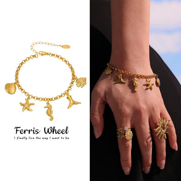 Wholesale Diy Ocean Style Stainless Steel Geometric Ferris Wheel Seahorse Starfish Fish Tail Shell Flying Fish Pendant Bracelet For Women Electroplated