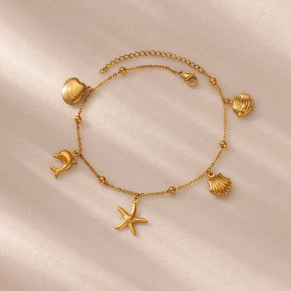 Wholesale Dolphin Starfish Shell Pendant Marine Series Anklet For Women Stainless Steel And Gold Geometric Pattern