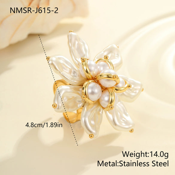 Wholesale Dopamine Colorful Geometric Flower Imitation Pearl Electroplated Stainless Steel Ring For Women