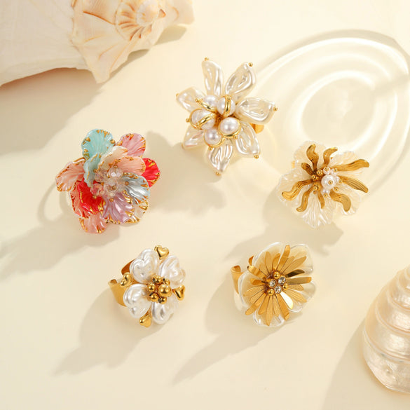 Wholesale Dopamine Colorful Geometric Flower Imitation Pearl Electroplated Stainless Steel Ring For Women