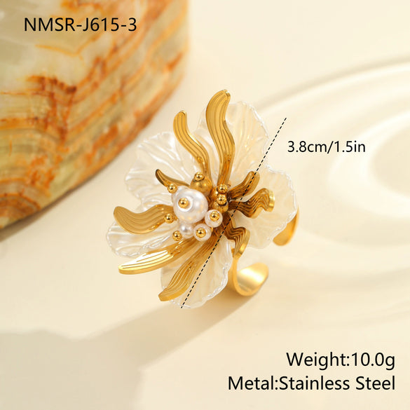 Wholesale Dopamine Colorful Geometric Flower Imitation Pearl Electroplated Stainless Steel Ring For Women