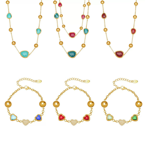 Wholesale Dopamine Jewelry Set Light Luxury Style Stainless Steel Zircon 18K Gold Plated Heart Necklace And Bracelet For Women
