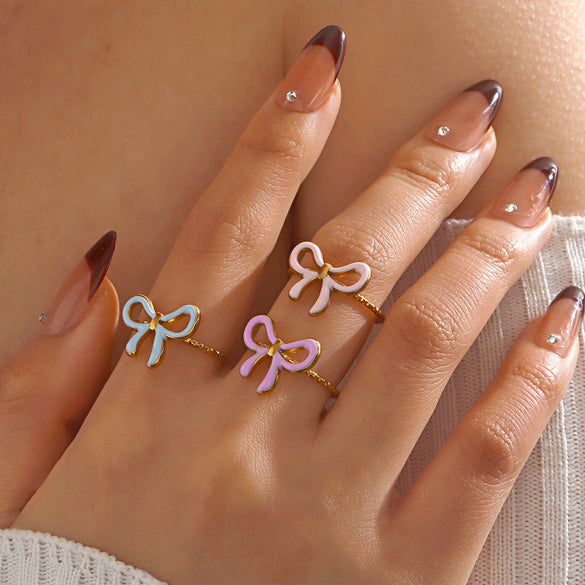 Wholesale Dopamine Oil Drop Bow Shaped Stainless Steel Ring With Electroplating For Women Niche Design