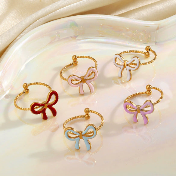 Wholesale Dopamine Oil Drop Bow Shaped Stainless Steel Ring With Electroplating For Women Niche Design