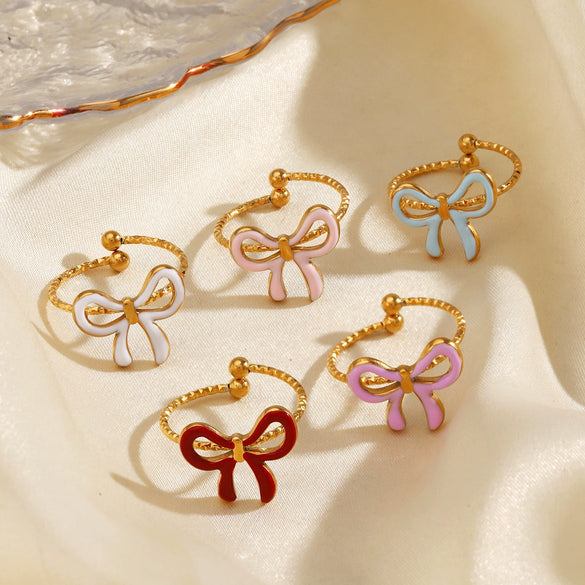 Wholesale Dopamine Oil Drop Bow Shaped Stainless Steel Ring With Electroplating For Women Niche Design
