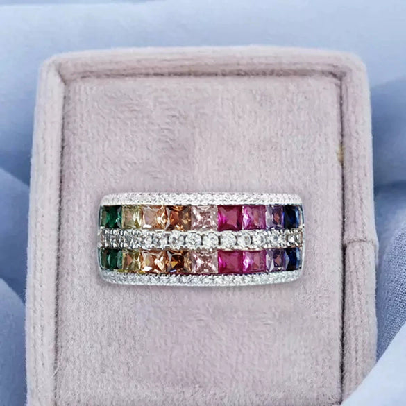 Wholesale Dopamine Rainbow Geometric Zircon Copper Ring For Women Fairy Style Jewelry