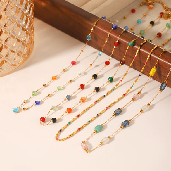 Wholesale Dopamine Women's Clavicle Chain Necklace Handmade With Colorful Natural Stone Beads And Geometric Pattern Stainless Steel