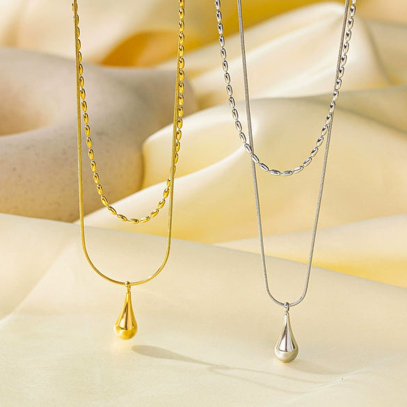 Wholesale Double Chain Titanium Steel Water Drop Shape Electroplated Necklace For Women