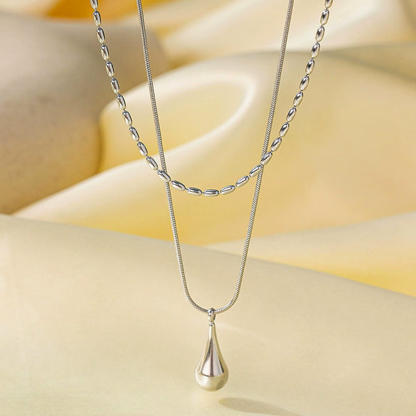 Wholesale Double Chain Titanium Steel Water Drop Shape Electroplated Necklace For Women