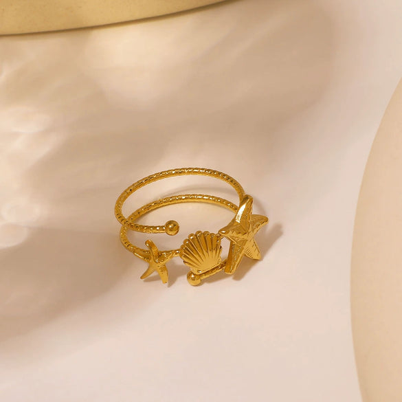 Wholesale Double Layer Hollow Starfish Scallop Texture Matte Stainless Steel Ring With Geometric Shell Pattern And Electroplating For Unisex