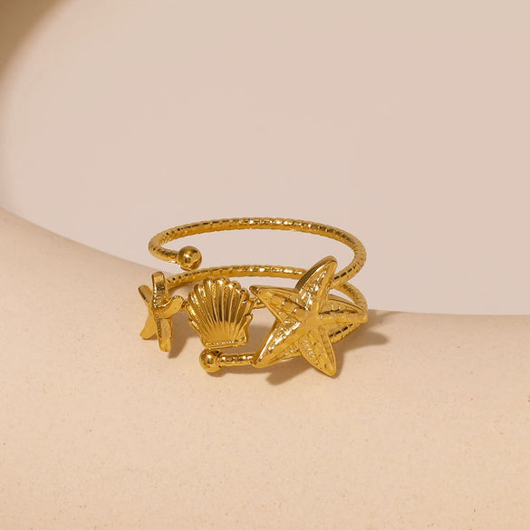 Wholesale Double Layer Hollow Starfish Scallop Texture Matte Stainless Steel Ring With Geometric Shell Pattern And Electroplating For Unisex