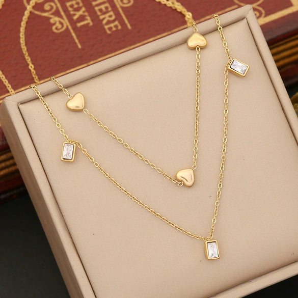 Wholesale Double Layer Love Clavicle Chain Heart Shaped Stainless Steel Necklace With Electroplating For Women
