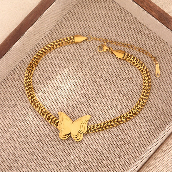 Wholesale Double Layer Love Themed Stainless Steel Anklet With Heart Shaped Butterfly Flower Elements 18K Plated