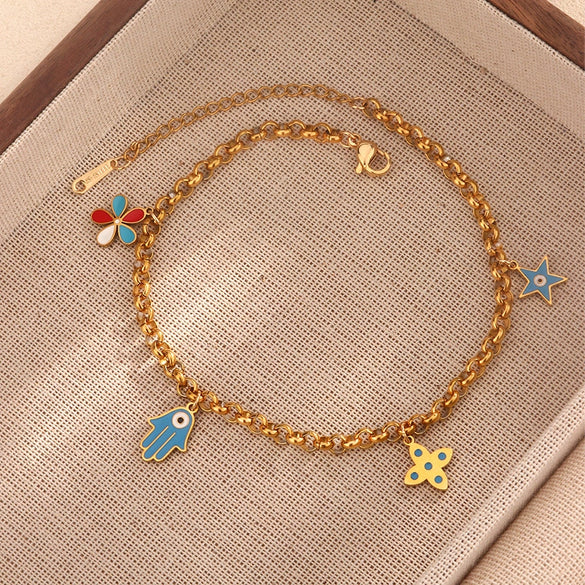 Wholesale Double Layer Love Themed Stainless Steel Anklet With Heart Shaped Butterfly Flower Elements 18K Plated