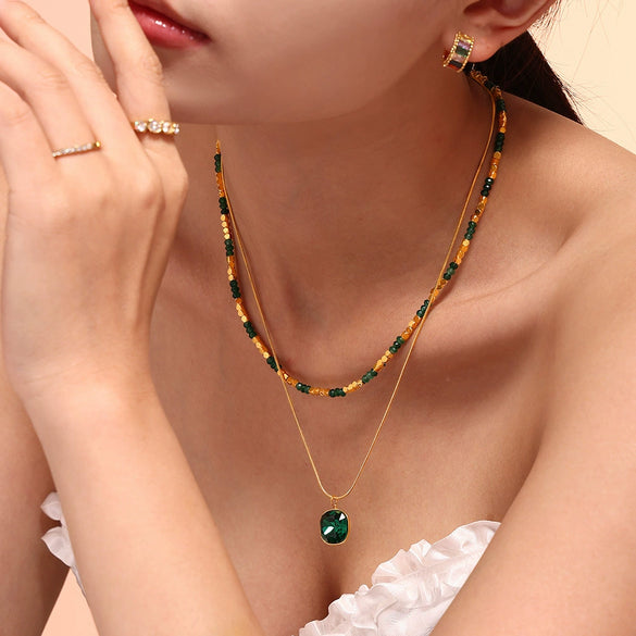 Wholesale Double Layer Natural Stone Beaded Crystal Stone Pendant Necklace With Stainless Steel Clavicle Chain Geometric Style Electroplated