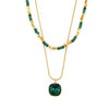 Wholesale Double Layer Natural Stone Beaded Crystal Stone Pendant Necklace With Stainless Steel Clavicle Chain Geometric Style Electroplated