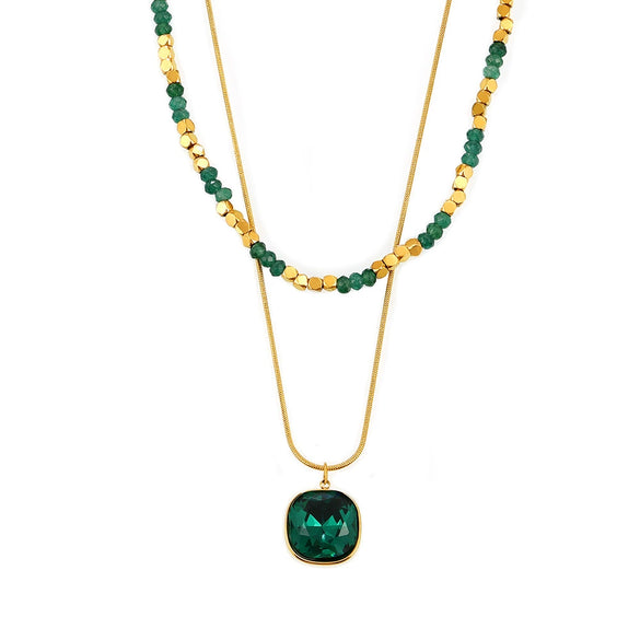 Wholesale Double Layer Natural Stone Beaded Crystal Stone Pendant Necklace With Stainless Steel Clavicle Chain Geometric Style Electroplated