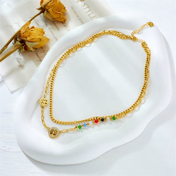 Wholesale Double Layer Necklace Titanium Steel Beaded Tree Of Life Pendant Electroplating Fashion Retro Irregular Women's Accessories